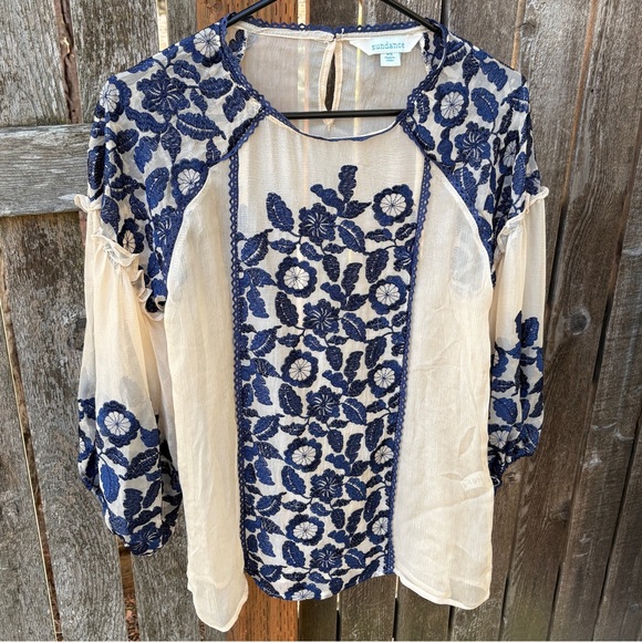 Sundance Tops - Sundance Luiza Silk Sheer Embroidered Blouson Sleeve Top In Beige /Navy Sz XS